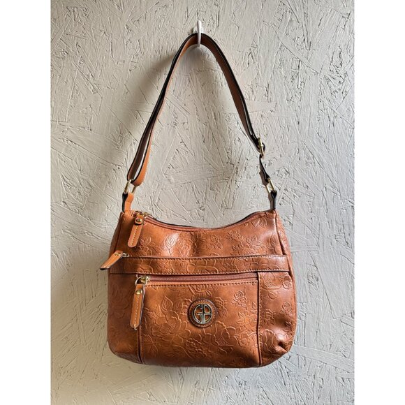 GIANI BERNINI tooled floral embossed hobo shoulder crossbody bag - Cognac/ Tan - Picture 4 of 7